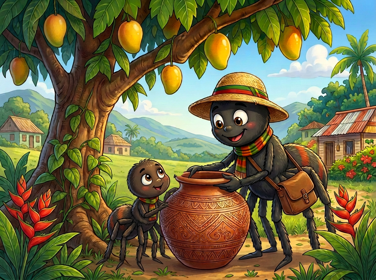 Anansi carrying gourds beside a large clay pot under a mango tree