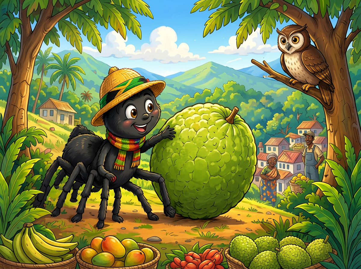 Anansi pushing a giant breadfruit while a wise owl watches from a tree
