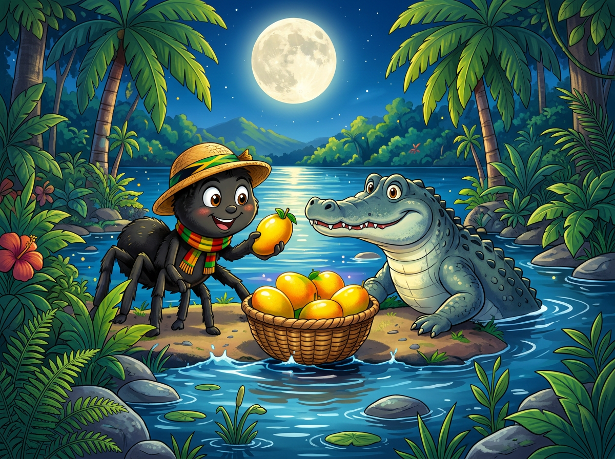Anansi and a friendly crocodile beside a basket of mangoes at a moonlit river