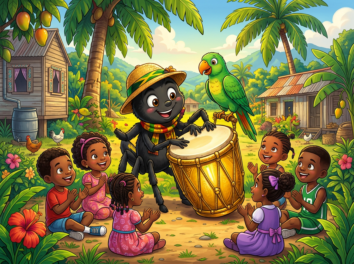 Anansi playing a golden drum with a green parrot and village children