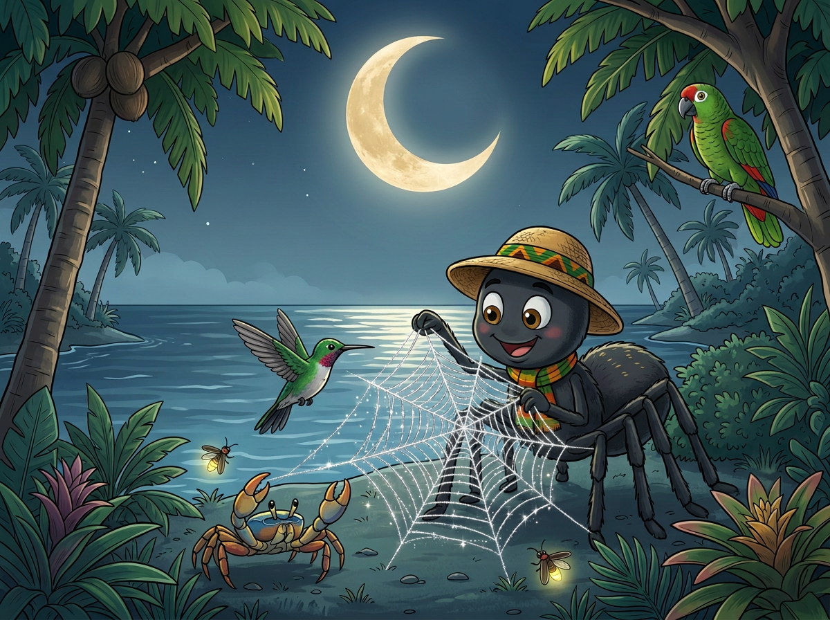Anansi weaving a silver web for forest animals beneath the Jamaican moon